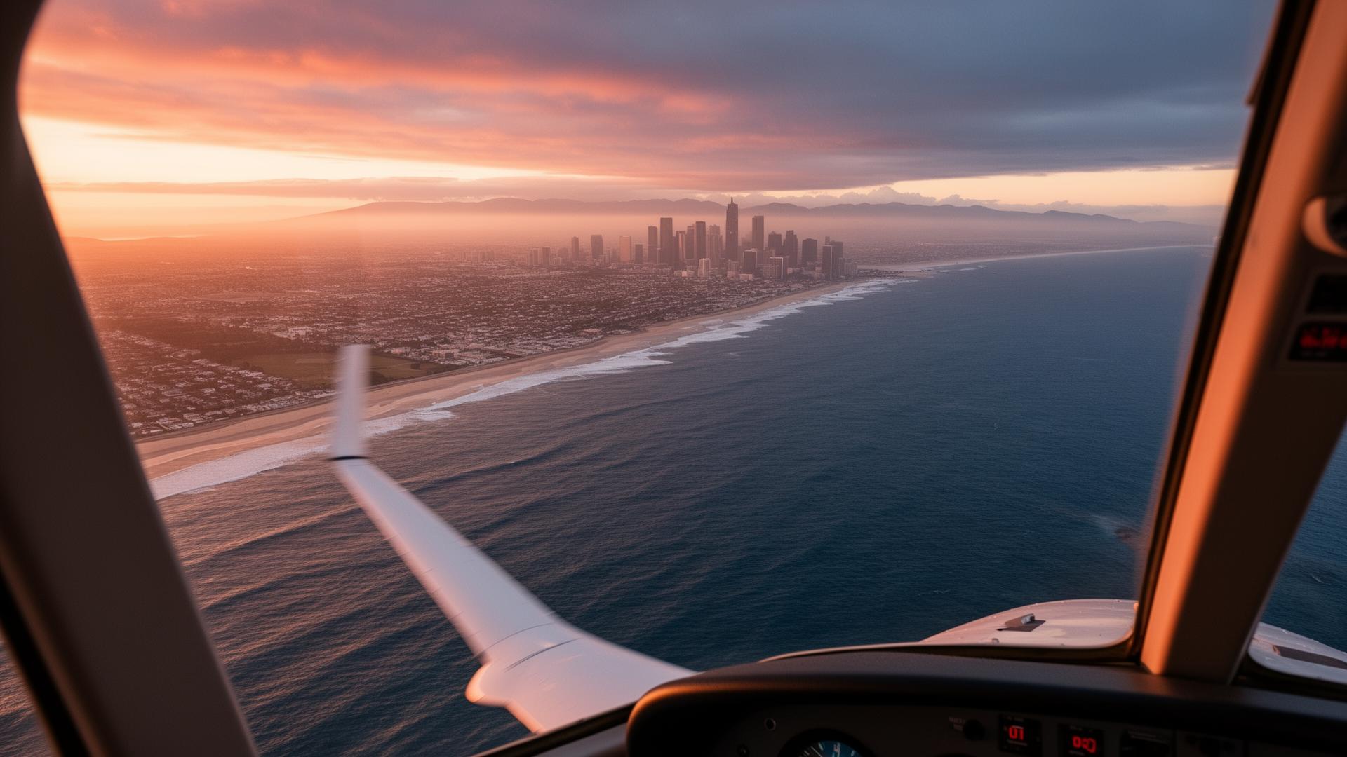 Aerial view of a coastline and skyline at golden hour